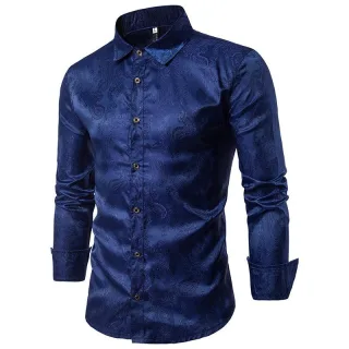 Marineblaues Slim Fit-Hemd mit Paisley-Stickerei