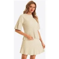 Imily Bela Hausanzug Damen Strick Halbarm Geripptes Top Plissierter Rock Sommer Loungewear (Set, 2 tlg., 2er-Pack, Top+Rock) mit Rundhalsausschnitt und Trompetenärmeln gehäkelt in Unifarbe