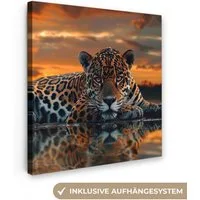 OneMillionCanvasses® Leinwandbild Natur - Leopard - Tier - Sonnenuntergang - Modern, Fotodruck (1 St), Wandbild, Deko Schlafzimmer Wohnzimmer Flur 20x20 cm