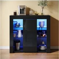 SONNI Sideboard mit LED Beleuchtung 90x35x83cm Weiß/Schwarz Hochglanz, mit Schranktür und 4 glas Einlegeböden