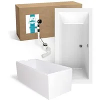 Calmwaters Badewanne Modern Square 2, (3-tlg), Weiß, 190 x 90 cm, Acryl, Wannenträger, Ablaufgarnitur, 99000013