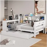 Flieks Massivholzbett, Kinderbett 90x200cm mit Schreibtisch Steckdose Ausziehbett 90x190cm