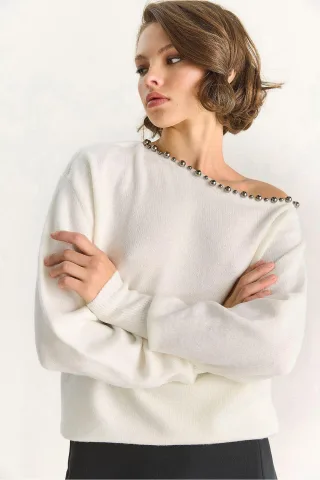 Asymmetrischer Kragen Zubehör Detaillierter Strickpullover