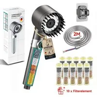 FOSMET Handbrause Duschkopf mit Filter fur Kalk, Hochdruck Handbrause mit 2m Schlauch, (Shower Head 10 Ersatzfilter für Entfernen vom harten Wasser, Rest-Chlor, Bakterien und Schwermetall, Schwarz), Gefilterter Duschkopf mit Halterung,3+1 Strahlarten