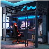 Flieks Hochbett mit mehr Ablagefächern Metallbett 90x200cm mit Schreibtisch, Kleiderschrank, LED & Aufladen