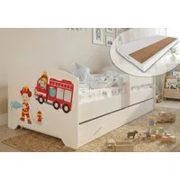 Kids Collective Kinderbett 70x140 / 80x160 cm Komplettset mit Matratze & Schublade (Bett für Jungen und Mädchen, Einzelbett für Kinder von 2 - 10 Jahren), komplettes Set mit Feuerwehr Motiv für Jungen und Mädchen 80x160 cm