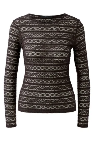 Oui - Langarmshirt aus Spitze braun - Gr. - 36