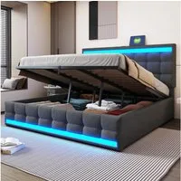 Merax Polsterbett mit LED und USB Anschlüssen (Höhenverstellbares Kopfteil, 1-tlg), Doppelbett 180x200cm mit hydraulischem Stauraum, Mehrzweckbett, Leinen