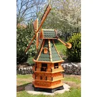 Holzdekoladen Deko-Windrad XXL Gartenwindmühle Holz 150 cm – 3-stöckig mit Gauben & Solarlicht