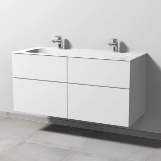Sanipa 3way Keramik-Set Finion Keramik-Doppelwaschtisch und Unterbau mit 4 Auszügen, Weiß-Soft SM40443