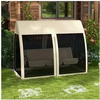 Outsunny Hollywoodschaukel 2 in 1, mit Liegefunktion, Baldachin, Mückennetz, belast bis 300kg, 3-Sitzer, Bettfunktion, 3-Sitzer Gartenschaukel, 1 tlg., Schaukelbank, für Garten, Terrasse, 240 x 140 x 197 cm, Kaffee