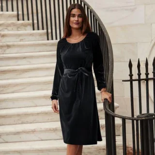 Samtkleid mit Bindegürtel für Damen, Damen, size: regular, Schwarz, Polyester-Mischung, by Lands' End