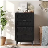 FUROKOY Kommode Sideboard mit 4 Schubladen Rattanschrank Küchenschrank, Schlafzimmerschrank Holz,Schwarz