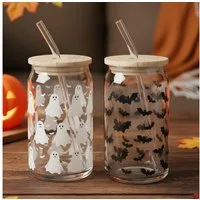 Levandeo® Glas, 2er Set Trinkglas 440ml Halloween Glas-Strohhalm Bambusdeckel