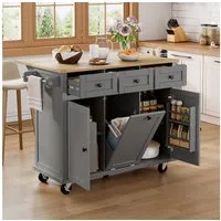BlingBin Küchenwagen Kücheninsel mit Rollen, Ausziehbarer Essbereich Servierwagen, (1er Set, 1 St., Produktgröße: 112×46.2~76.2×92.7cm, Gewichtskapazität: Deckplatte-50kg), Küchenschrank mit Abfallbehälterfach und Schubladen für Küche, Grau