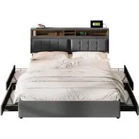 Flieks Polsterbett, Doppelbett mit USB/Typ-C Ladefunktion + 4 Schubladen 140x200cm Leinen