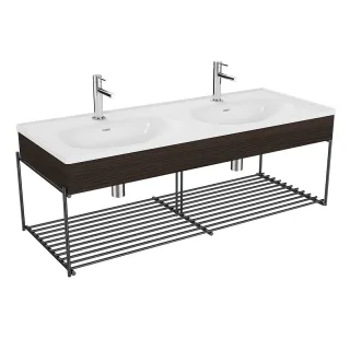 VitrA Equal Set Doppelwaschtisch 130 cm mit Holzblende und Ablagegitter 2 Becken 2 Hahnlöcher,81089 81089