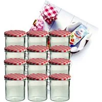 MamboCat Einmachglas 12er Set Sturzglas 350 ml Marmeladenglas To 82 rot karierter Deckel, Glas
