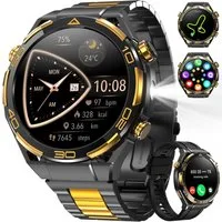 IOWODO GPS Herren-Smartwatch 2026,1,43" AMOLED, 14K Gold,900mAh Akku,Business Smartwatch (1.43 Zoll, IOS&Android) Set, 1-tlg., 2xRiemen (Metallarmband+Silikonarmband) und Ladekabel, 15 Tage Akku,Anrufe,HR,SpO2, Blutdruck, LED-Leuchte,2 Armbändern, IP