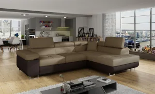 Ecksofa Schlafsofa SARRA in Stoff Monolith Dunkelbraun-Braun Ottomane Rechts