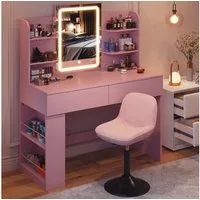 HOMALL Schminktisch Set aus Schminktisch und Hocker, mit einstellbarer Helligkeit (Maße: 90/110 × 40 × 135 cm, LED-Beleuchtung, 8 offene Fächer + 2 Schubladen, Seitenteile nach links oder rechts austauschbar, für eine bessere Raumnutzung)
