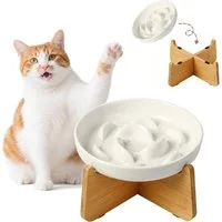 TUWENA Napf Keramik Anti Schling Napf Katze Erhöht, Slow Feeder Katze Nassfutter, Antischlingnapf für Katzen und Hunde, Holzsockel, Einfach zu Reinigen