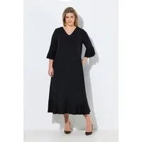 Ulla Popken Jerseykleid Maxikleid Volants A-Linie V-Ausschnitt 3/4-Arm