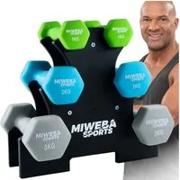 Miweba Sports Hantel-Set Premium Gymnastikhantel-Set NKH120 inkl. Hantelablage, (rutschfest - Fitness Sport Muskelaufbau Training Hantel Set Kurzhantelset Kettlebell Set, 3 Farben, Neopren, Hexagon-Form, 1 kg - 2 kg - 3 kg), Kurzhantel Aerobic Hantel