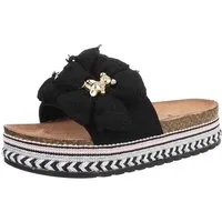 Ital-Design Stylische Damen-Sandalen mit Blumen und Korksohle Plateausandaletten (89368635) Flach Pantoletten in Schwarz