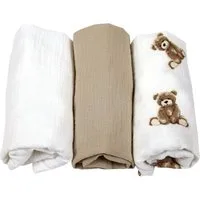 BabyLux Spannbettlaken Musselin Set – 3er Pack 40x80 cm für Kinderwagen Stubenwagen Babybett, Gummizug: ja, z11 Weiß-Sand-Bär