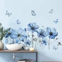 Montegoni Wandsticker Wandtattoo Blumen & Schmetterlinge Blau – Selbstklebend & Wasserdicht (Einzelstück, 1 Wandtattoo), Selbstklebend & Abnehmbar, Wasserdicht, Elegantes Blumen