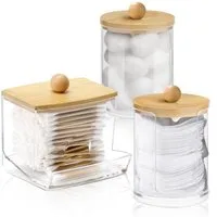 FOUORTUNATE-BEE Wattestäbchenspender 3× Wattepad- & Wattestäbchen-Box mit Bambusdeckel, Transparente Aufbewahrungsdosen für Bad & Schminktisch