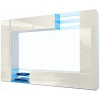 Vladon Wohnwand Mirage, (Anbauwand mit Rückwand mit 2 Türen, 2 Klappen und 6 offenen Glasablagen), Weiß matt/Creme Hochglanz, inkl. LED-Beleuchtung (262 x 183 x 39 cm)