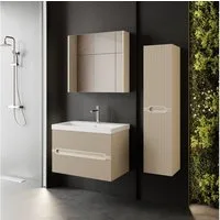 Karen Badmöbel-Set Badmöbel Set Bella, (Komplett-Set, Standartmäßig 3-Teilig (Unterschrank, Spiegelschrank, Waschbecken), 3-St., Der Lieferumfang umfasst Unterschrank, Spiegelschrank und Waschbecken), Kaschmirbeige, Riffeloptik, Griffmulden, Softclos