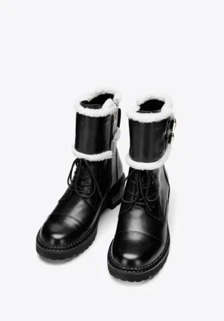 Wittchen Damen-Lederstiefel mit Schnallen und Lammfell, schwarzes Naturleder
