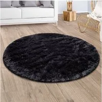 KADIMA DESIGN Teppich waschbar Unifarben Schlafzimmer Hochflor Teppich Shaggy, Rund, Höhe: 37 mm, Florhöhe: 33 mm, Polyester, Rund, 80D, Schwarz