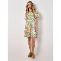 Apricot Druckkleid Tropisches Patchwork-Minikleid mit Knopfleiste