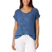 dy_mode Kurzarmbluse Kurzarm Bluse Elegantes Baumwollshirt Damen einfarbig Blusenshirt in Unifarben, Rundhalsausschnitt, mit Blumenstickerei