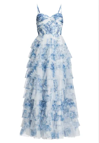 hey kyla - Abendkleid mit Rüschenrock und Allover Print ivory blue - Gr. - 36