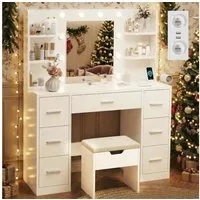 Furnicopia Schminktisch Schminktisch mit LED-Beleuchtung und Steckdosen (Abmessungen: 110 × 40 × 137 Zentimeter Ausstattung: 10 kugelförmige Leuchten mit einstellbarer Helligkeit, 7 Schubladen, 4 offene Staufächer, 1 USB- und 1 Typ-C-Ladeanschluss, 1