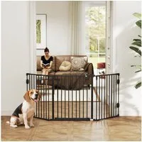 PawHut Hundegitter Hunde Absperrgitter Türschutzgitter 3 Paneele für Ofen, Schwarz (Set, 1 St., mit automatische schließenden Tür), 202.5L x 2T x 76H cm