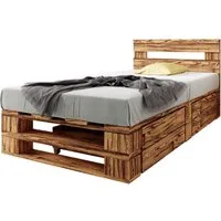 sunnypillow Palettenbett M2 aus Holz mit Kopfteil und 2 Bettkästen, 100 x 200 cm + Schubladen Geflammt