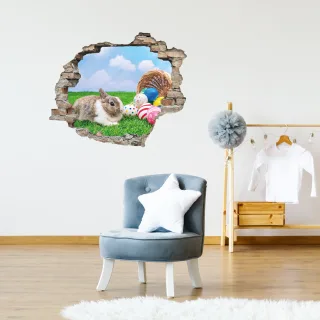 queence 3D-Wandtattoo "Hase mit bunten Ostereiern" Selbstklebender Wandsticker Ostern Wanddurchbruch 60x50cm
