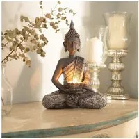INtrenDU Buddhafigur Buddha mit Teelichthalter 30cm, mit Strassbestückter Schärpe