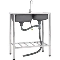 vidaXL Granitspüle Camping-Spüle mit Doppelbecken und Wasserhahn Edelstahl, 42/76 cm