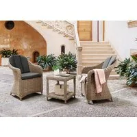 Destiny Balkonset MALAGA MERANO 2 Se + Beistelltisch 46x46cm, natur meliert, (Set, 7-tlg., 2 Sessel inkl. Rücken- und Sitzpolster, 1 Tisch mit aufgel.Glasplatte), Aluminium, Polyrattan