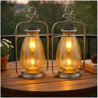 GLOBO LIGHTING LED Solarleuchte, LED-Leuchtmittel fest verbaut, Warmweiß, 2x Solarleuchte Laterne Außenlampe LED Gartendeko Glas amber