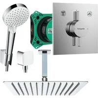 Hansgrohe und Jowi Duscharmatur Unterputz Duschsystem, DuoTurn E Duscharmatur, mit Deckenanschluss (Unterputz-Duschsystem) Kopfbrause und Deckenanschluss aus Edelstahl