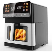 oyajia Heißluftfritteuse 10L Heißluftfritteuse aus Edelstahl, 2 Heizelementen, 12 Automatikprogramme, Sichtfenster, Touch Bedienfeld, LED Anzeige, 1800 W, Temperatur einstellbar 30 - 200 °C, 60-Minuten-Timer, silber-schwarz