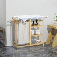HOMCOM Wäschekorb mit Bügelbrett, Stoffsack und Bambusgestell, 113x34x82cm (Wäschesammler, 1 St., Bambus-Wäschekorb), für Badezimmer, Schlafzimmer, Naturholz